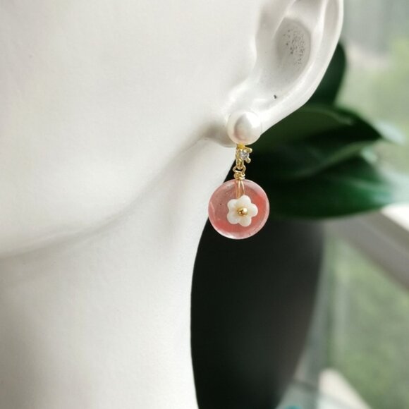 White Freshwater Pearl Rhodochrosite Carved Mother of Pearl Earrings - Picture 1 of 3
